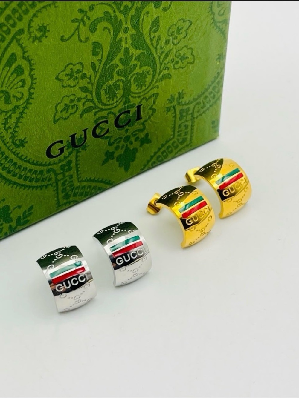 GG Designer Inspired Gold Hoop Earring with Green-Red-Green Enamel Stripe